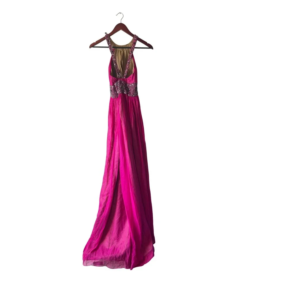 Y2k Adrianna Papell Evening Magenta Pink Beaded Halter Chiffon Gown Dress Xsmall